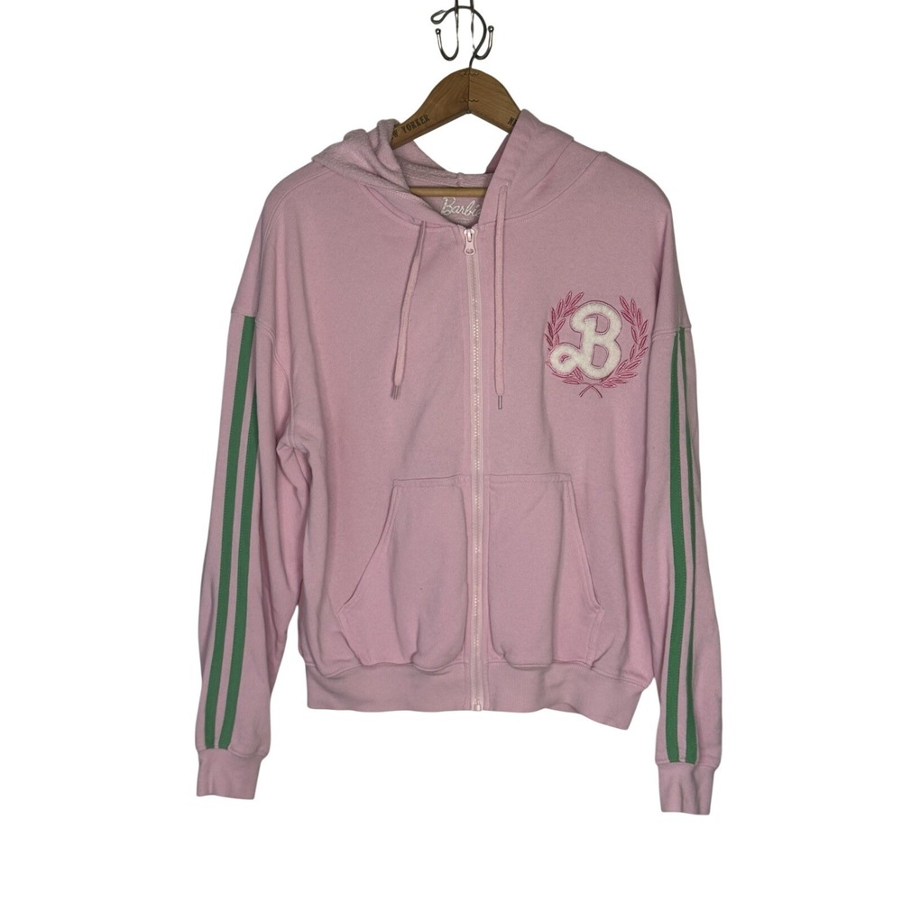 Barbie Juniors Pink Sweatshirt Zip Up Hoodie Kelly Green Stripes size XL‎